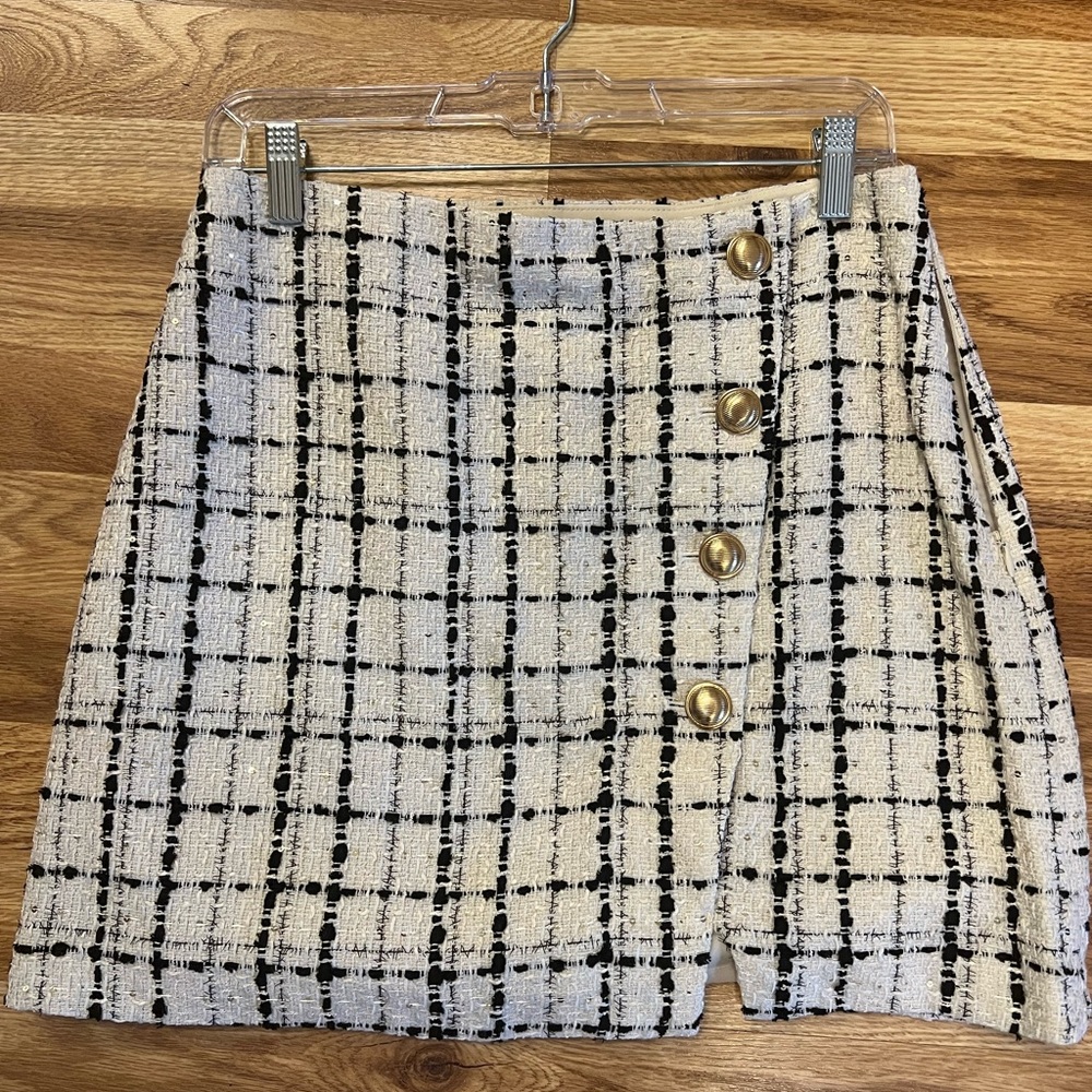 Express Black and Cream Tweed Plaid Mini Skirt